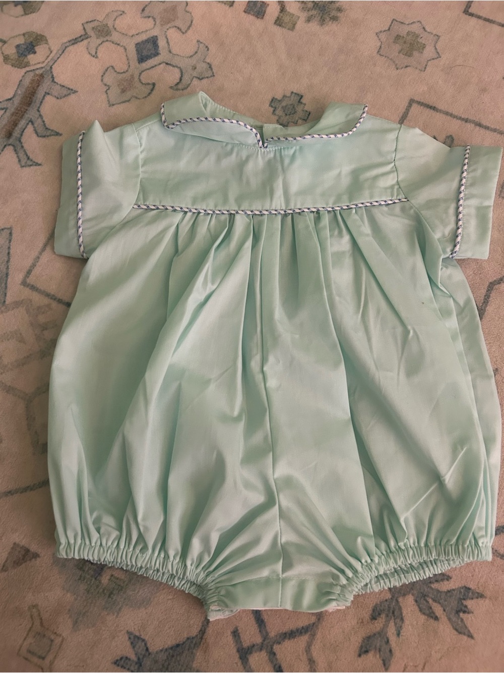 Mint Green Baby Bubble Romper with blue & white Trim